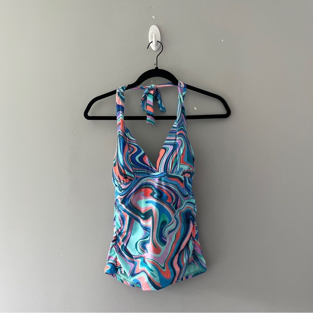 Two Piece La Blanca Crystal Cove Aqua Blue Swirl Halter Tankini Swim Suit